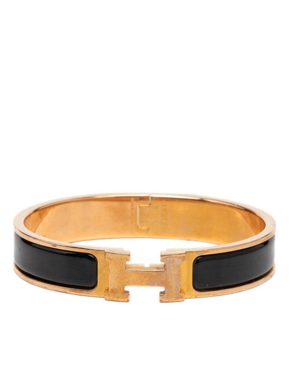Hermes Clic H GM Bracelet Bangle Pink Gold Black Metal Enamel